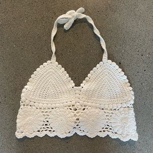 Knit White Crop Halter Tie-Top